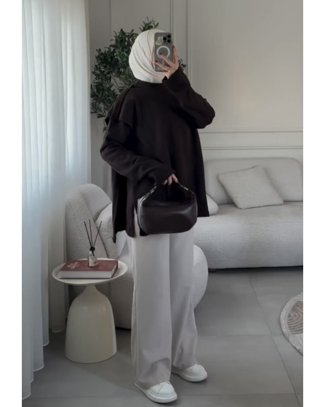 بلوزة مع سكارف متصل - بني محروق